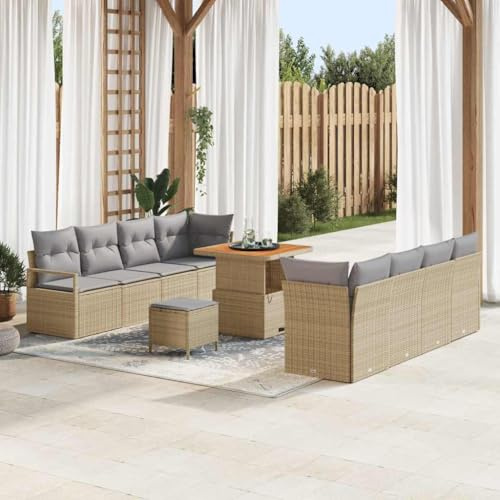 Kaloriko Garten-Sofa-Set mit Kissen, 11-teilig, Beige Poly Rattan, modulares Design für Terrasse & Balkon, höhenverstellbarer Tisch für 10 Personen