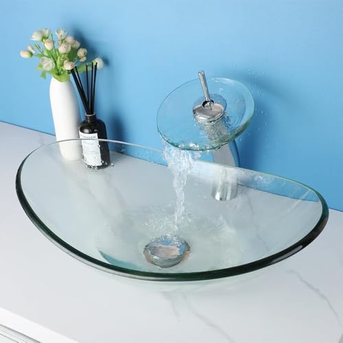 Focitland 22 Inch Bathroom Vessel Sink with Waterfall Faucet and Pop-Up Drain Combo,Clear Glass Sink Bowl Above Counter Oval Bathroom Sink Basin