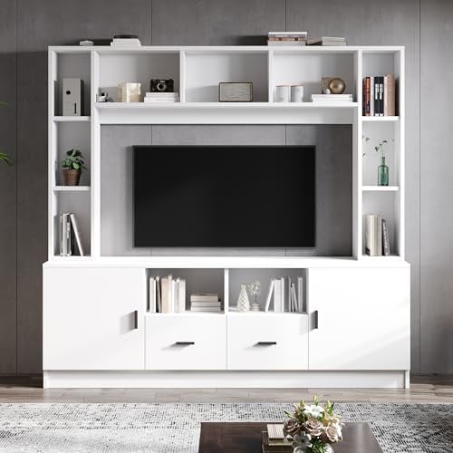 TV Lowboard Weiß mit Vitrine & Schubladen | 180 cm Mediawand inkl. TV-Board & Regalen | Komplettset mit 2 Schränken & 11 Fächern | Für Fernseher bis 60 Zoll | Modernes Wohnwand-Set mit Stauraum