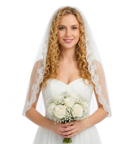 Josojoou Schleier Braut 85 Cm Weißer Tüll Brautschleier Mit Kamm Und Floralem Rand Spitze Schleier Ribbon Edge Für Jga Junggesellinnenabschied Hochzeit Brautparty Blumenmädchen(2)