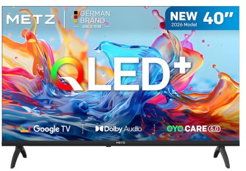 Metz 40 Pollici Smart TV con Google TV Televisore LED, Gen 6 QLED +, HDR 10 Dolby Audio Bluetooth 5,1 EyeCare DVB-T/T2/C/S/S2 Ci+ HEVC Main10, 1.5GB RAM Upgrade (40MQH7000Y, 2026 Nuovo Modello)