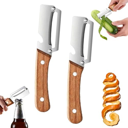 Zero Snag HolzschäLer, 3-in-1 Multifunktionaler GemüSeschäLer mit Holzgriff, Edelstahl Sparschäler für Obst Gemüse und Picknick Langlebiges Schälwerkzeug mit Flaschenöffner (2 pcs)