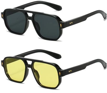 Zirax 2Pcs Retro 70s Square Pilot Sunglasses for Women Men,Vintage Double Bridge Rectangle Tinted Shades UV400 Protection