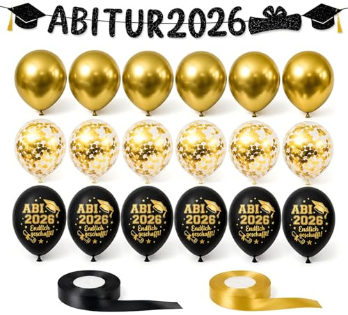 Abitur 2026 Girlande Schwarz Glitzer mit Absolventenhut Motiven und 18 Ballons,2026 ABI Deko für Abschlussfeiern, Prüfung & Feierlichkeiten