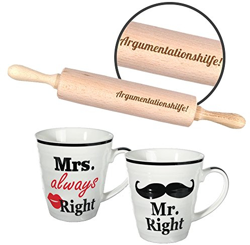 3-teiliges Geschenk zur Hochzeit 'Mr & Mrs' Tassen und Teigroller mit Spruch zum auswählen/Präsent/Hochzeitsgeschenk/Tassen (Argumentationshilfe)