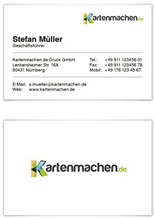 Personalisierte Logo Visitenkarten von 100 bis 2.500 Stück individuell selbst gestalten mit zwei eigenen Bildern und Text, dickes 300g/qm Papier, 85x55mm, beidseitiger klarer intensiver Druck