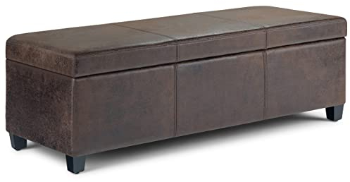 SIMPLIHOME Avalon 48 Wide Vegan Leather Storage Ottoman in Brown