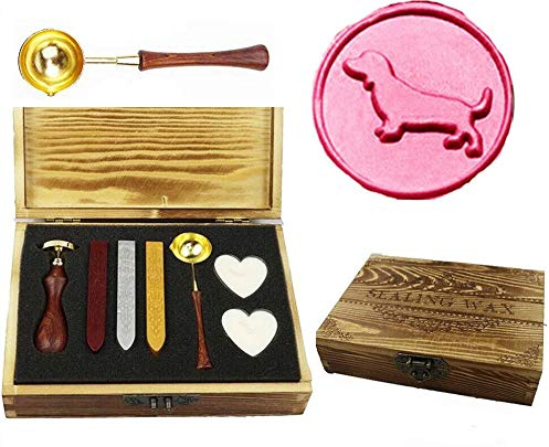 MNYR Vintage Dachshund Dog Sealing Wax Seal Stamp Kit Melting Spoon Wax Stick Candle Wooden Book Gift Box Set Wedding Invitation Embellishment Holiday Card Gift Wrap Package Gift Idea Seal Stamp Set
