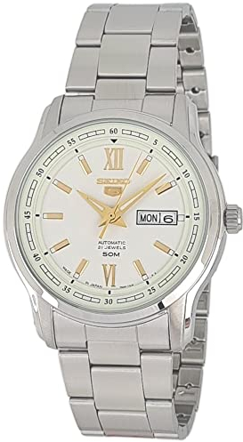 Seiko 5 automatische weiße Zifferblatt Silber Edelstahl Herrenuhr SNKP15K1, Armband