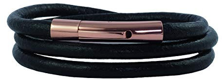 König Design Lederkette Lederband Leder-Armband 6 mm Herren Halskette Schwarz 45 cm lang mit Hebeldruck Verschluss Rose Gold Rund