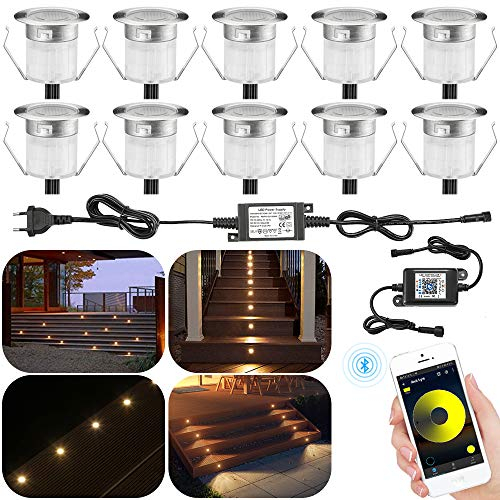 SUBOSI Lot de 10 Bluetooth Dimmable Blanc Chaud Led Sol Encastré Extérieur 0.6W Ø30mm IP67 Étanche LED Downlight Patio Jardin Led Lampe Kit Complet