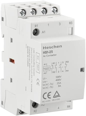 Heschen Contactor de CA para el hogar, HS1-25, 4 polos 2NO 2NC, AC 220V/240V Voltaje de bobina, 35mm Montaje en carril DIN