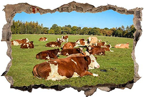 3D Wandtattoo Mauerloch Wandsticker Wandaufkleber Durchbruch selbstklebend Schlafzimmer Wohnzimmer Kinderzimmer,Kuhherde Kühe Weide Wiese,Größe: 80x120cm