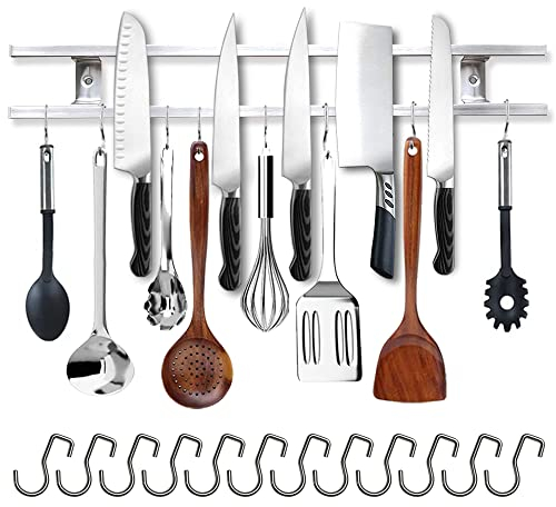 24-Inch Magnetic Knife Holder for Wall – 304 Stainless Steel Knife Strip with 12 Hooks – Magnetic Knife & Utensil Rack