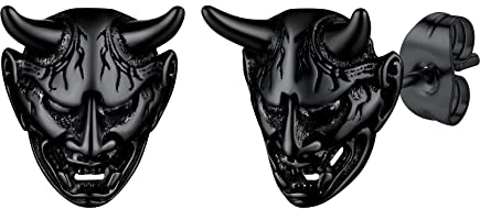 U7 Schwarz Creolen Herren Männer Ohrringe Schwarz Hoop Creolen Edelstahl Hannya Maske Ohrring Böse Dämon Horn Schädel Ohrring Prajna Mask Ohrstecker Herren Japanische Maske Ohrschmuck für Jahrestag