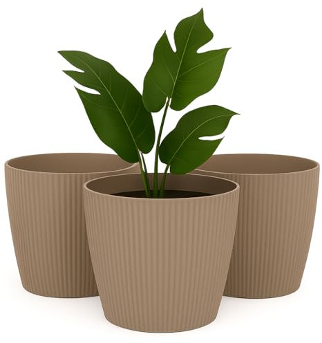Home Garden Ornaments, Übertopf & Blumentopf im 3er-Set aus Kunststoff, ohne Drainagelöcher, Pflanzentopf mit Streifenmuster für Zimmerpflanzen (Taupe, 13,5 cm)
