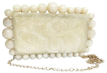 Beige Farbe Perlmutt MOP Geldbörse Acryl Clutch Abend Handtaschen Crossbody Taschen für Frauen mit Bommel Brauttasche mit grünem Aufnäher-Design, beige, Medium
