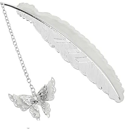 TIESOME Metall Feder Lesezeichen, leuchtende Metall Lesezeichen mit 3D Schmetterling Anhänger Einzigartige Glow in The Dark Schmetterling Lesezeichen für Buchliebhaber (Silberne Feder)