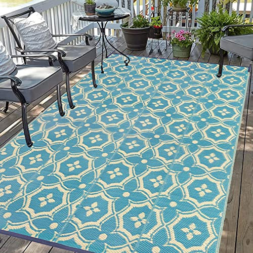 Vaukki Wendbarer Teppich, Kunststoff-Stroh, Outdoor-Fußmatte, Kunststoff, Outdoor-Terrassenmatte, leichter geometrischer Bereich für Terrasse, Wohnmobil, Hinterhof und Picknick (Aquablau, 1.8x2.9 m)
