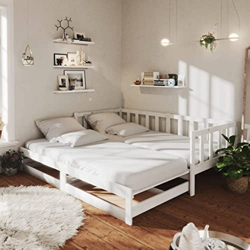 WIFESE Ausziehbares Tagesbett 2X(90x200) cm Weiß Massivholz Kiefer Massivholzbett mit 2 Bettschublade Jugendbett Sofabett Schlafsofa mit Lattenrost für Wohnzimmer Praktisch und Komfortabel