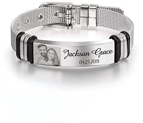 krui PolishedPlus-Bracelet personnalisé avec Gravure, Photo, Mot, Date, Cadeau d'anniversaire, Bracelet réglable pour Hommes, Bijoux de Papa (Argent)