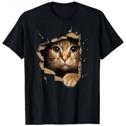 Süßes Kätzchen schaut aus zerrissenem Stoff - Katzen T-Shirt