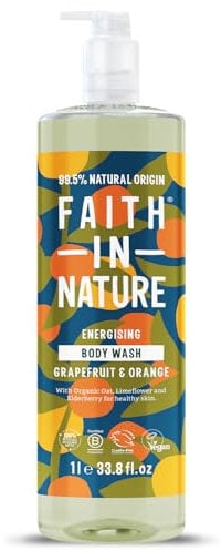Faith In Nature 1L Natural Grapefruit & Orange Body Wash, Energising Shower Gel, Vegan and Cruelty Free, No SLS or Parabens, Family Size