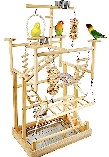 LIMIO Bird Playground - Natural Wood Parrot Playstand with Perches, Bird Play Gym & Accessories, Removable Tray & 4 Stainless Steel Cups