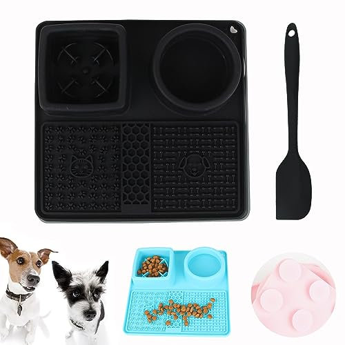 Tapis de Lèche Chien, Tapis de Lechage Alimentation avec 1 Spatule pour Chat sans BPA Silicone, Tapis Lent avec Ventouses pour Bain, l'entraînement, Toilettage et l'entretien des Griffes(Noir)