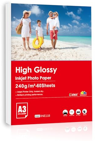 Inkuway A3 240 g/m² 60 Blatt glänzendes Inkjet-Fotopapier für professionellen Druck für Tintenstrahldrucker