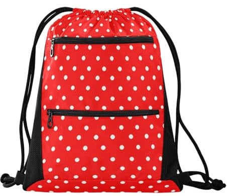 FRODOTGV Sporttasche mit weißen Punkten auf rotem Hintergrund, mit Netztaschen, für Sport, Fitnessstudio, Yoga, wasserabweisend, String-Tasche, Weiße Punkte auf rotem Hintergrund, Einheitsgröße