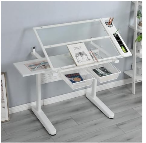 Yhqcdr Handkurbel, verstellbarer Zeichentisch, Höhe und Winkel, verstellbarer Zeichentisch mit Schubladen, Metall-Arbeitsplatz mit Hocker für Künstler, Maler, Zuhause, Büro