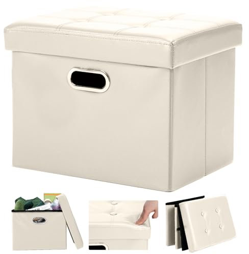 COSYLAND Sitzhocker mit Stauraum, Faltbare Sitzbank, Sitztruhe aus Kunstleder, gepolstert Sitzwürfel Fußhocker Aufbewahrungsbox mit Deckel, für Wohnzimmer Schlafzimmer, 43 * 33 * 33 cm (Beige)