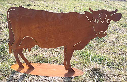 STEINFIGURENWELT GIEBEN Gartenfigur Kuh 55x86cm auf Platte Edelrost Gartendeko Wetterfest Rost Metall Rostfigur Tier Bauernhof Kühe Rind Stier