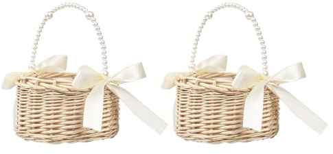 2 Stück Wicker Rattan Blumenmädchen Korb, Blumenkorb mit henkel und Schleife Hochzeit Blumenmädchen Weidenkorb klein