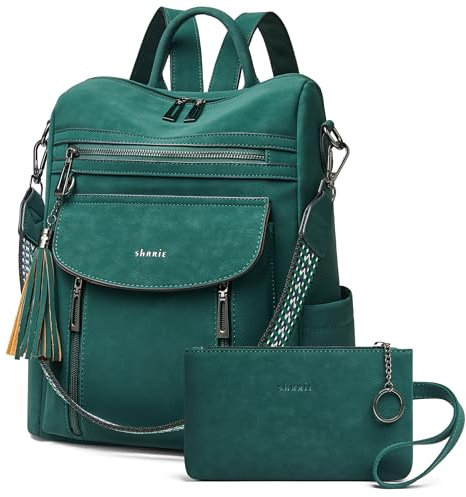 Shrrie Leder-Rucksack, modischer Rucksack, Geldbörse, Designer-Reiserucksack, wandelbar, Schultertasche mit Handgelenk, für Arbeit, Uni, Dunkelgrün