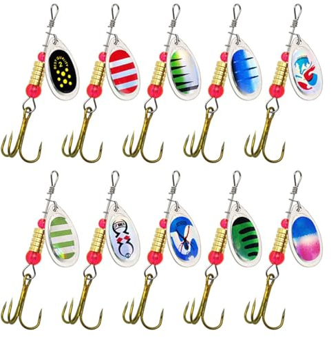 10 Piezas Kit Señuelos Cucharilla Pesca Tres Ganchos, Lentejuelas Giratorias De 360°. Adecuado para La Pesca En Agua Dulce Y Salada, Trucha, Lucioperca, Salmón Y Lubina.