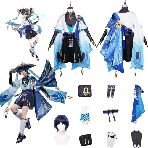 Daotutu Genshin Impact Cosplay Costume Déguisement du Rôle Scaramouche Wanderer Cosplay Tenue Uniforme Ensemble Complet Halloween Carnaval Fête Habiller avec Perruque (S)