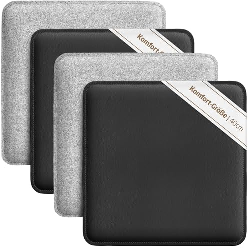 Miqio Design Sitzkissen | Wendekissen Rechteckig aus Filz und Kunstleder | Komfortgröße XL Stuhlkissen 40x40 cm | 4er-Set | Sitzauflage für Bank und Stuhl | Hellgrau-Schwarz