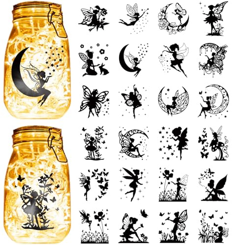 CREATCABIN 24 Stück Feen Silhouetten Aufkleber Einmachglas Ausschnitte Abziehbilder Wasserdicht Transparente PVC Lampenfolien Laternenglas Scrapbook Verzierungszubehör Für Wände Fenster Glas 9x10cm