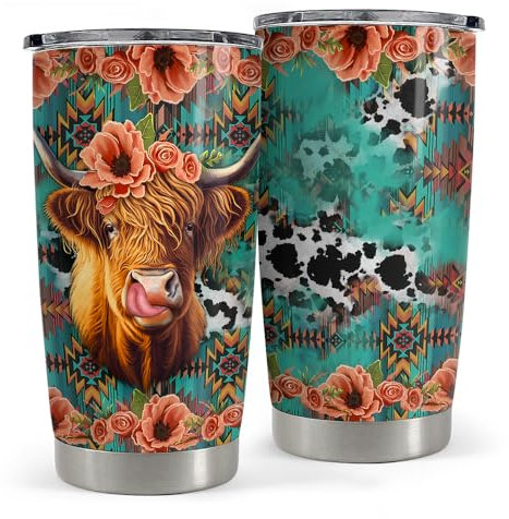 Highland Cow Tumbler 20oz Stainless Steel Insulated Coffee Travel Mug Cup for Women Girls Cows Lovers Cow Gifts for Birthday Christmas Mothers Day