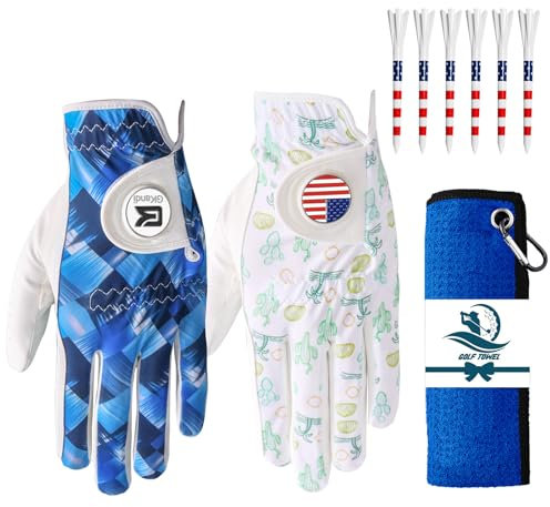 Golfhandschuhe für Herren, Rechtshänder, Leder, 2 Stück, mit 2 Ballmarkern, 1 Handtuch, 6 USA-Flagge, 8,9 cm (3 1/4 Zoll), Herren-Golfhandschuh (Bäume + quadratisches Gitter, Größe XL (auf der linken