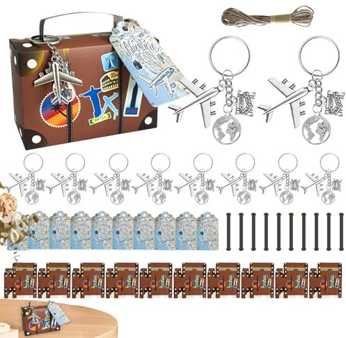 Petite valise, boîte à cadeaux de fête - Valise de carte du monde avec porte-clés d'avion terrestre, billet de voyage, lot de 10 | Boîtes sur le thème du voyage, décorations de fête pour les mariages