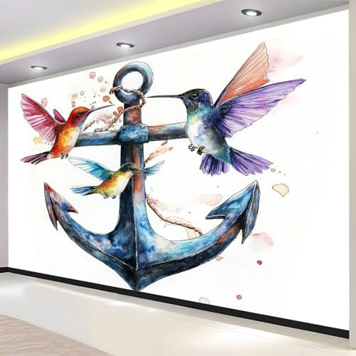Aquarellmalerei Fototapete 200 x 140 cm Meer-Anker-Kolibri Vliestapete Moderne Art Design Wandtapete Küche Flur Wohnzimmer Büro Badezimmer Kinderzimmer Wanddeko