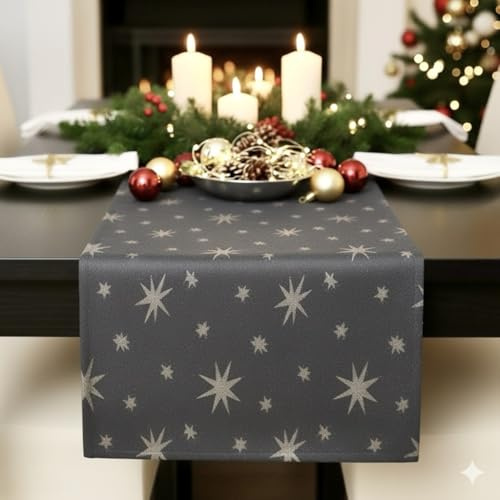(Tischläufer | Weihnachten | Lurex Sterne | Tischband | Tischdeko (Grau/Anthrazit, 40x140 cm)