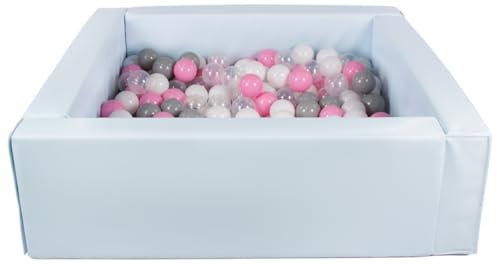 Velinda Piscine à balles carrée avec 300 balles, Cuir écologique, 5 éléments (Couleur de la Piscine/de balles: Bleu (Pastel)/Blanc, Transparent, Rose Clair, Gris)