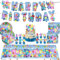 Fiesta de cumpleaños con temática de vajilla, vajilla para fiestas incluye: platos, manteles, servilletas, banner, decoración para tartas, para 20 personas, tarta de dibujos animados, decoración de