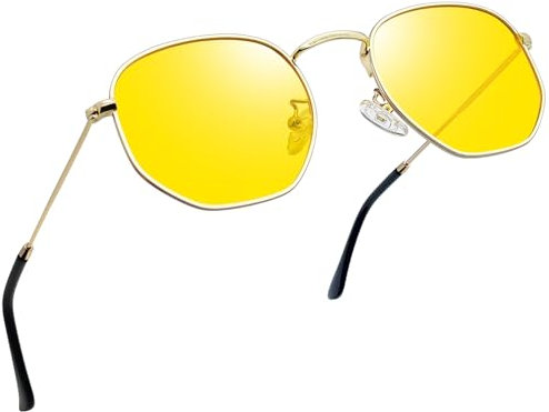 Joopin Hexagonal Damen Nachtsichtbrille Runde zum Autofahren Polygon Nachtbrille UV400 Blendschutz Gewidmet Nachtbrille mit Stylisch Sechseck Metallrahmen (Gelbe)