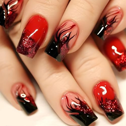 Ceboic 24Pcs Carré Faux Ongles Autocollants, Rouge Pailleté Français Ongles à Coller Moyen Naturel Press on Nails, Réutilisables Couverture Complète Acrylique Ongles pour Femmes et Filles Manucure