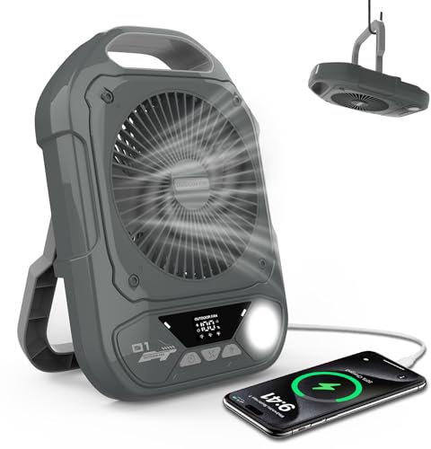 GQP Camping Fan Rechargeable Portable Fans, 20000mAh Battery Powered with LED Lantern, USB-C/Type-C Fast Charging, 5 Speeds Quiet Desk Fan for Outdoor Tent Travel Home Office Bedroom Fishing Beach